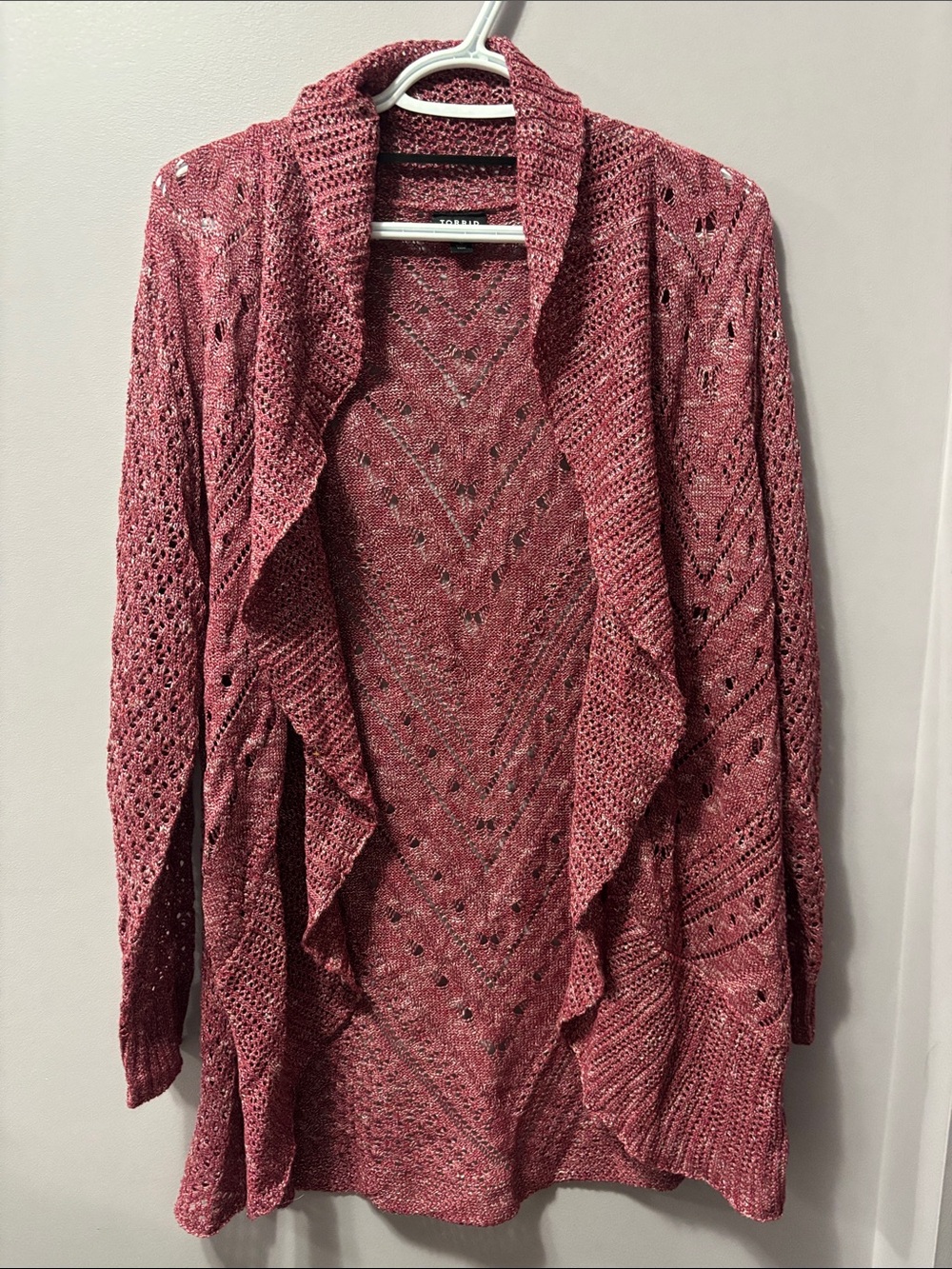 Torrid Pointelle Open Front Cardigan Size 0 Large Pink Cozy Knit Sweater